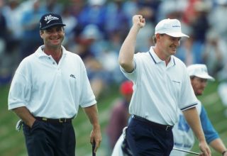 Westner (left) pictured with Ernie Els during their World Cup of Golf win in 1996