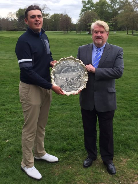 Charlie Strickland was presented with the McEvoy Trophy by Peter McEvoy at Copt Heath