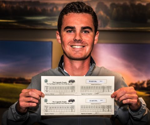 David Hague shows off the cards that saw him romp to a 10-shot win in this year's Lagonda Trophy