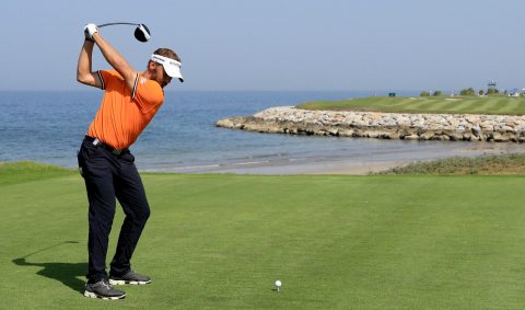 Joost Luiten tees off at the ninth hole at Al Mouj in Oman en route to winning his sixth European Tour title