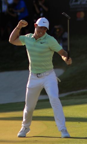 ORLANDO, FL - MARCH 18: Rory McIlroy of Northern Ireland celebrates after making his birdie putt on the 18th green during the final round at the Arnold Palmer Invitational Presented By MasterCard at Bay Hill Club and Lodge on March 18, 2018 in Orlando, Florida. (Photo by Mike Ehrmann/Getty Images)