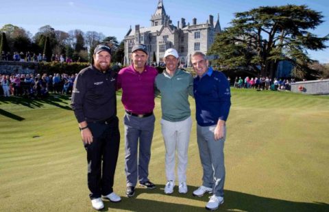Shane Lowry, Padraig Harrington, Rory McIlroy and Paul McGinley after their round of golf 20/4/2018