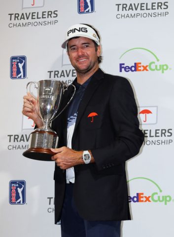 CROMWELL, CT - JUNE 24: Bubba Watson of the United States poses with the trophy after winning the Travelers Championship at TPC River Highlands on June 24, 2018 in Cromwell, Connecticut. (Photo by Tim Bradbury/Getty Images)