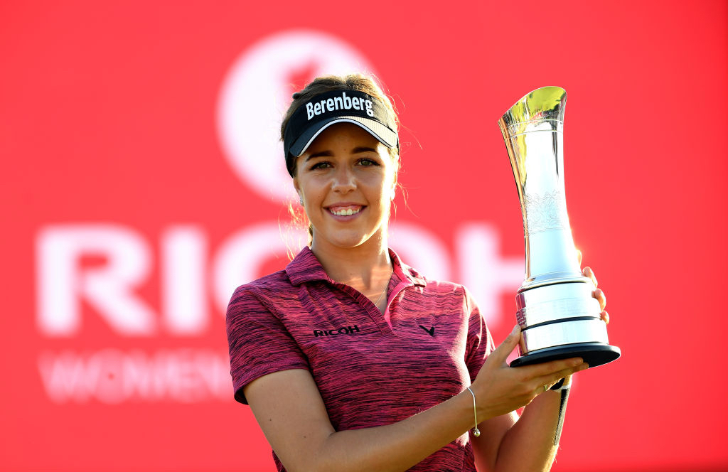LYTHAM ST ANNES, ENGLAND - AUGUST 05:  Georgia Hall of England poses for a photo with her trophy after winning the tournament during day four of Ricoh Women's British Open at Royal Lytham & St. Annes on August 5, 2018 in Lytham St Annes, England.  (Photo by Ross Kinnaird/Getty Images)