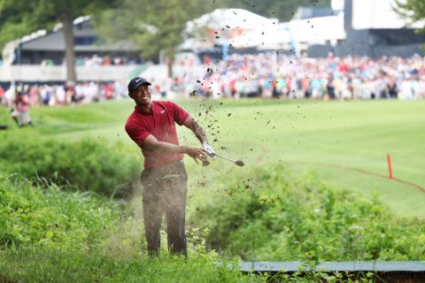 ST LOUIS, MO - AUGUST 12: Tiger Woods of the United States plays a shot on the 17th hole during the final round of the 2018 PGA Championship at Bellerive Country Club on August 12, 2018 in St Louis, Missouri. (Photo by Jamie Squire/Getty Images)