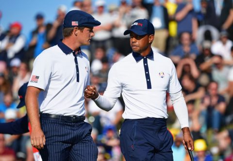 Pointless: Tiger Woods has yet to register a point for his team this week and goes up against in the singles