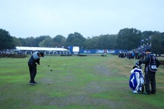 Pepperell plays to the 18th green at Walton Heath en route to winning the British Masters