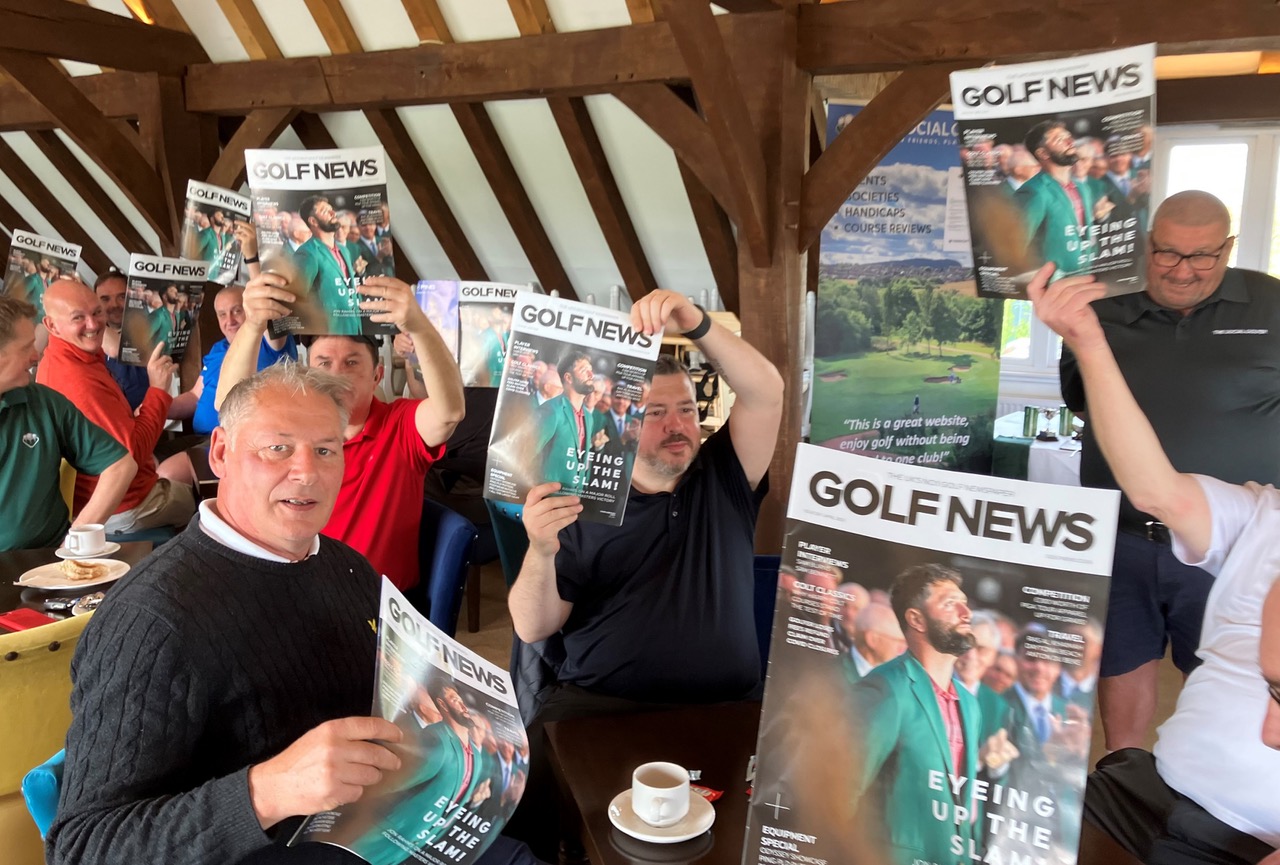 Golfers holding up official sponsors Golf News magazine at The Social Golfer Masters 2023